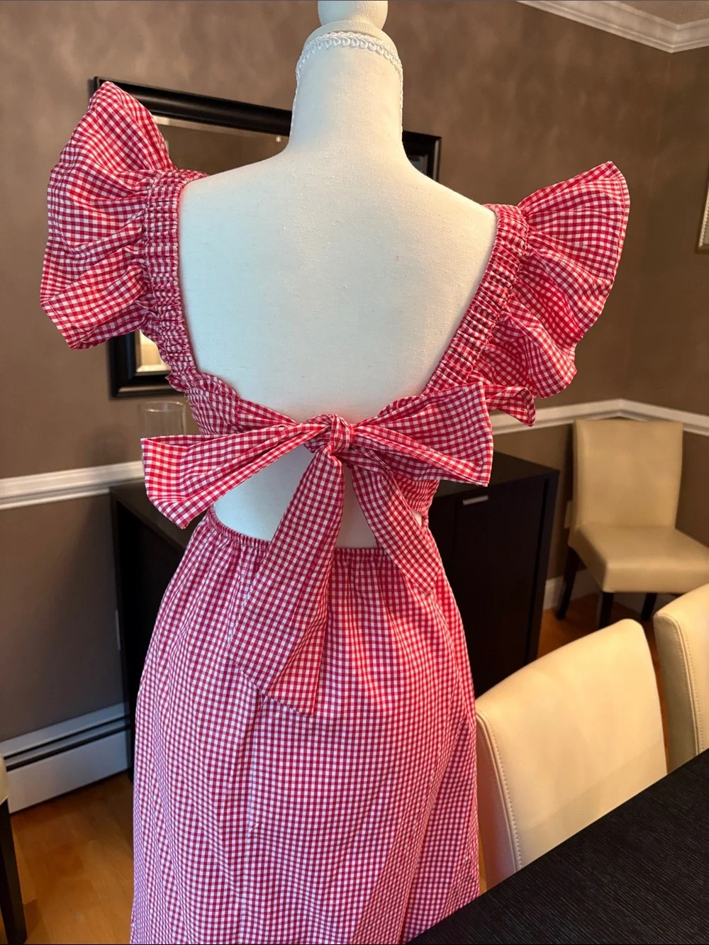 Red Gingham Smocked Midi Dress with Ruffle Cap Sleeves - Picture 3 of 5